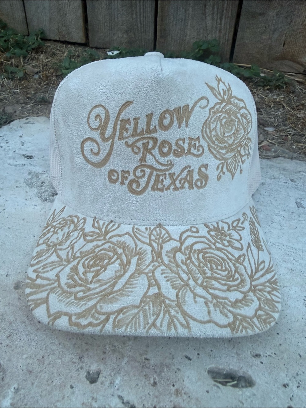 Yellow Rose of Texas White Floral Trucker Hat- Hand-Burned